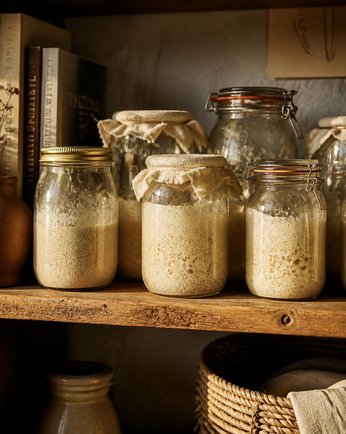 Tarros de fermentación en una estantería